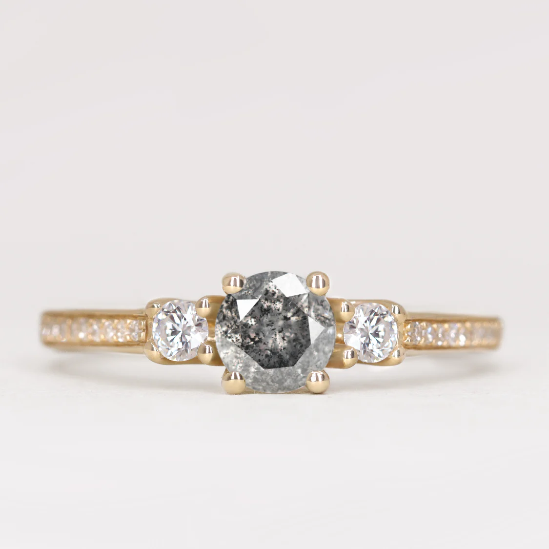 Callie - Round Brilliant Cut Salt And Pepper Diamond Trilogy Made-to-Order Engagement Ring - Image 3