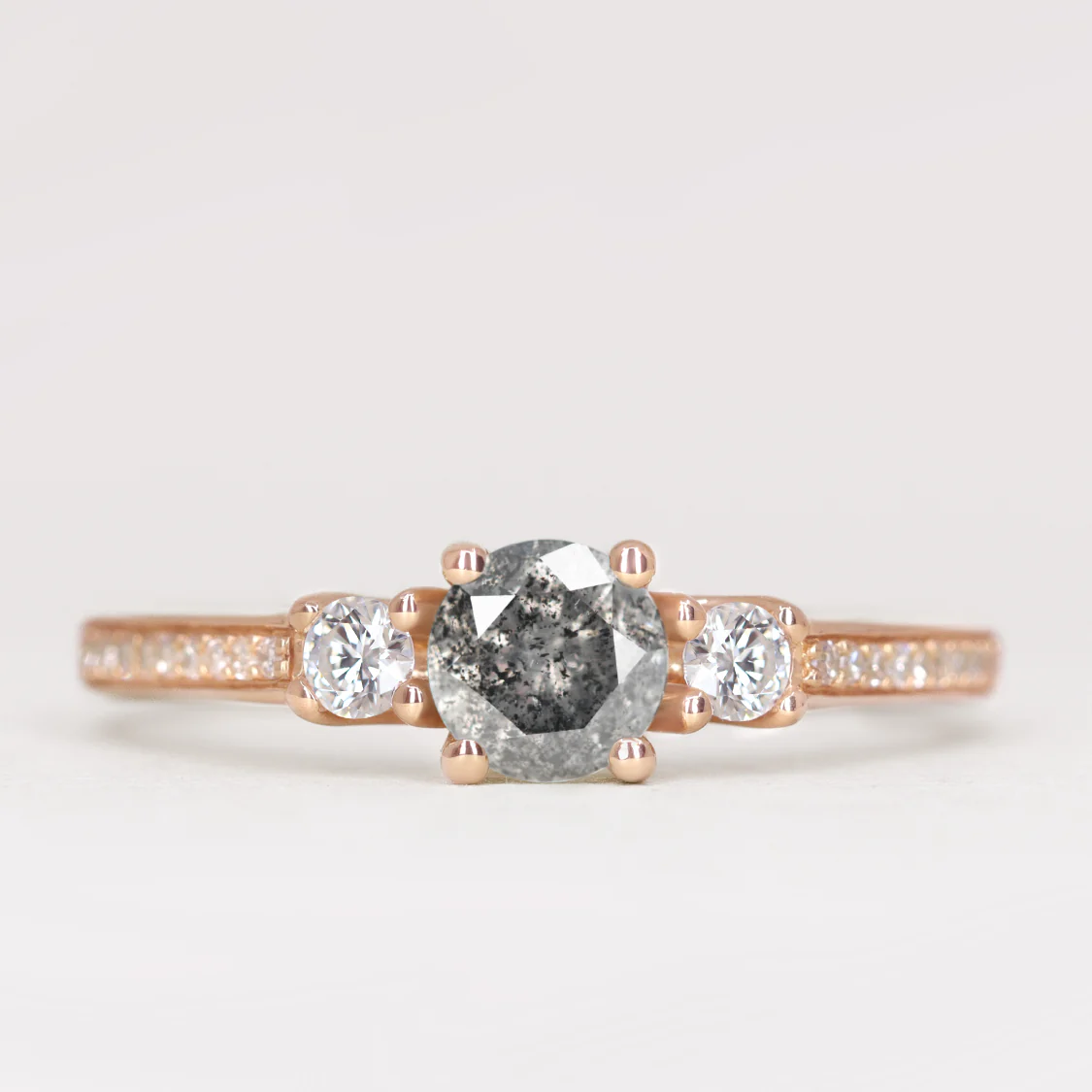 Callie - Round Brilliant Cut Salt And Pepper Diamond Trilogy Made-to-Order Engagement Ring - Image 4