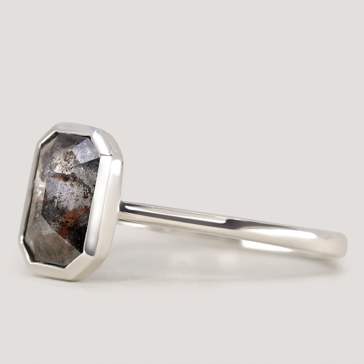 Sabrina - Emerald Cut Salt and Pepper Diamond Bezel Set Custom Engagement Ring - Image 3