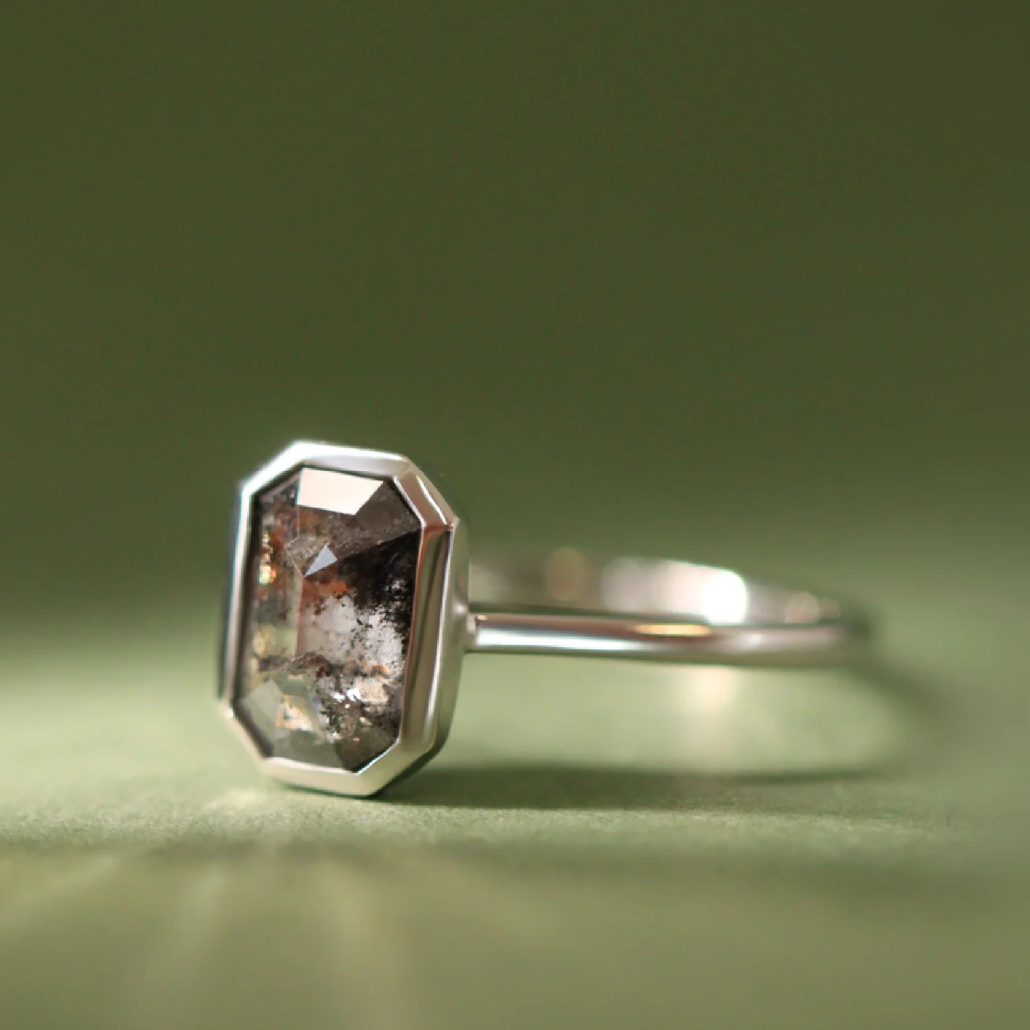 Sabrina - Emerald Cut Salt and Pepper Diamond Bezel Set Custom Engagement Ring - Image 4