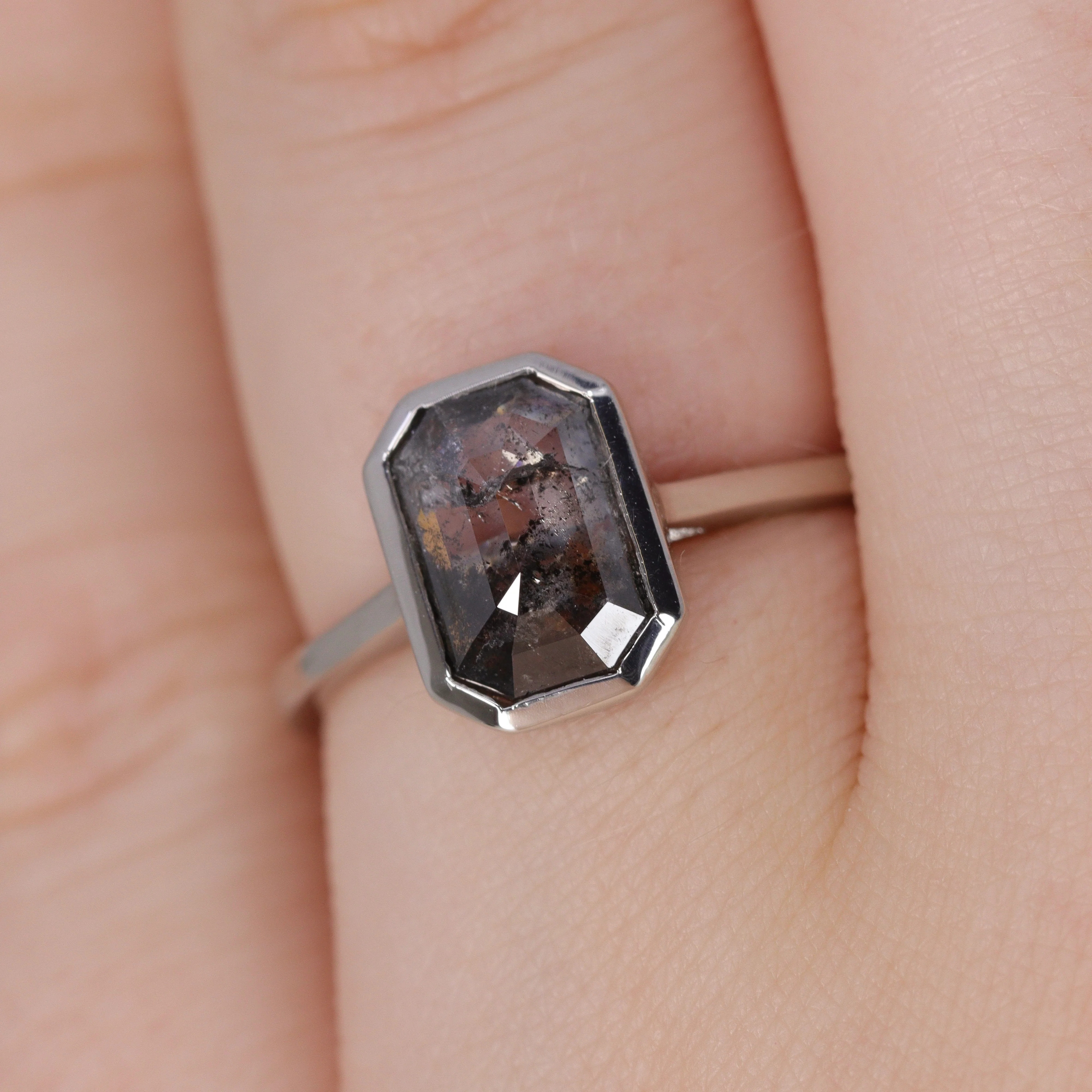 Sabrina - Emerald Cut Salt and Pepper Diamond Bezel Set Custom Engagement Ring - Image 5
