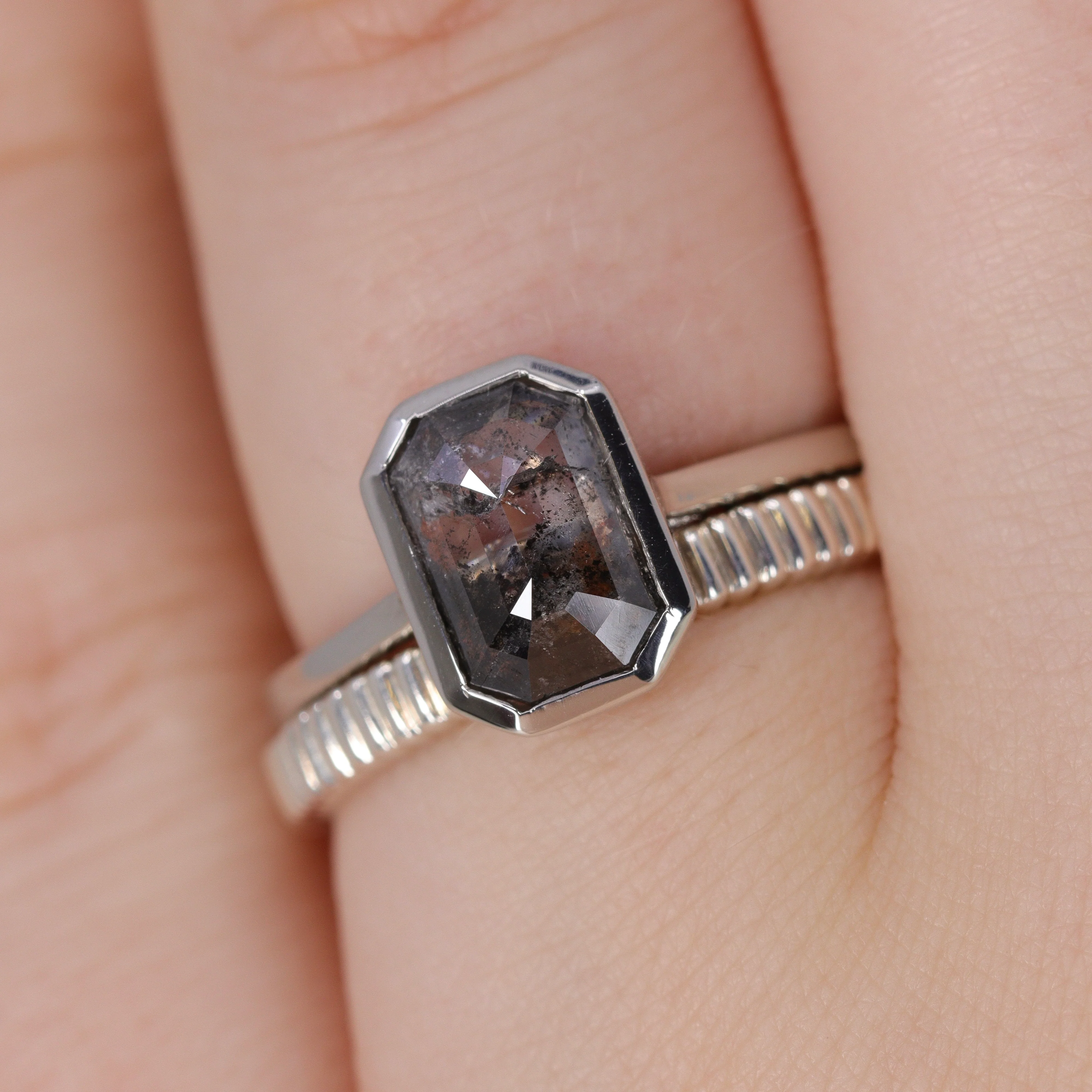 Sabrina - Emerald Cut Salt and Pepper Diamond Bezel Set Custom Engagement Ring - Image 6