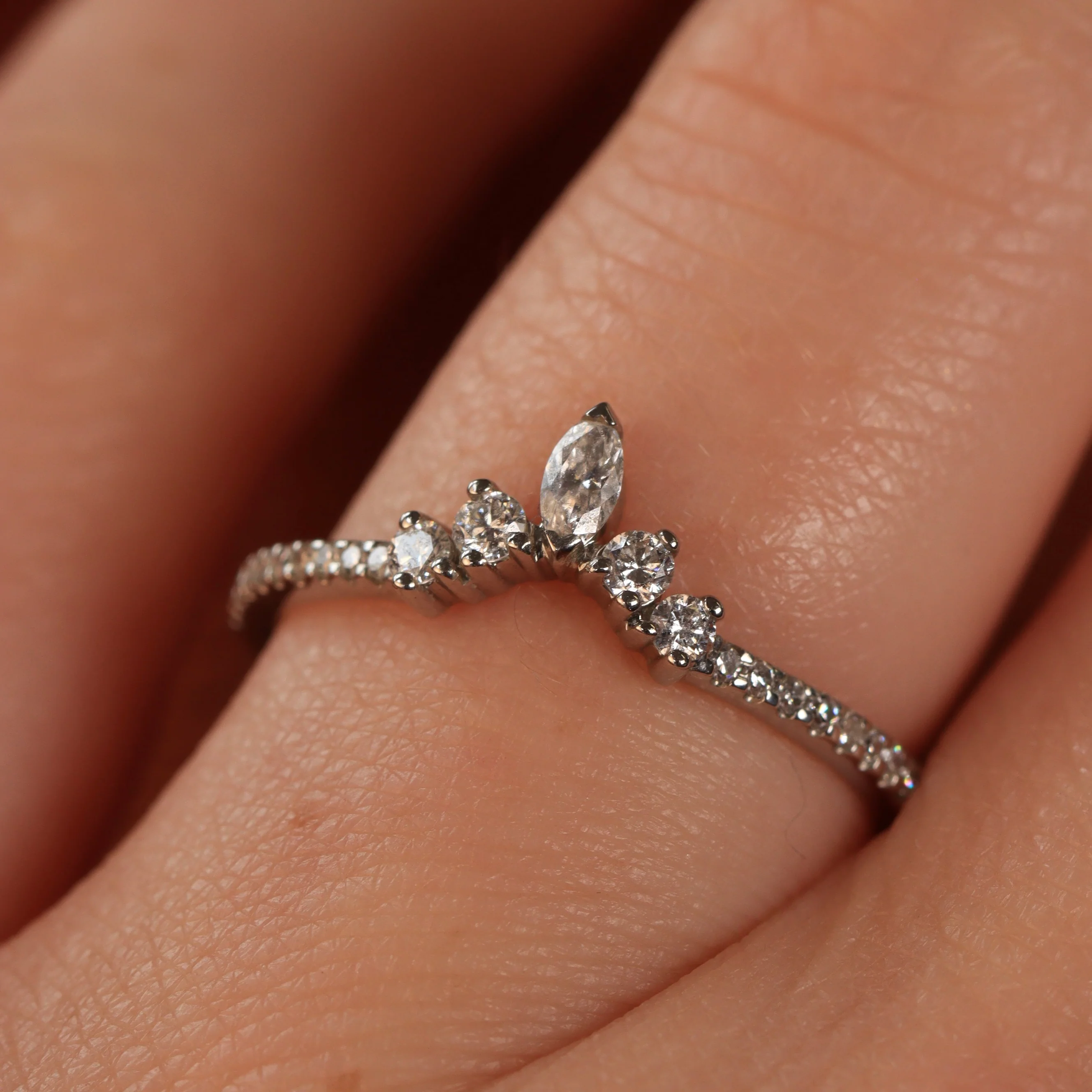 Winnie - Marquise Diamond Petite Tiara Wedding Ring with Diamond Set Shoulders - Made-to-Order - Image 3