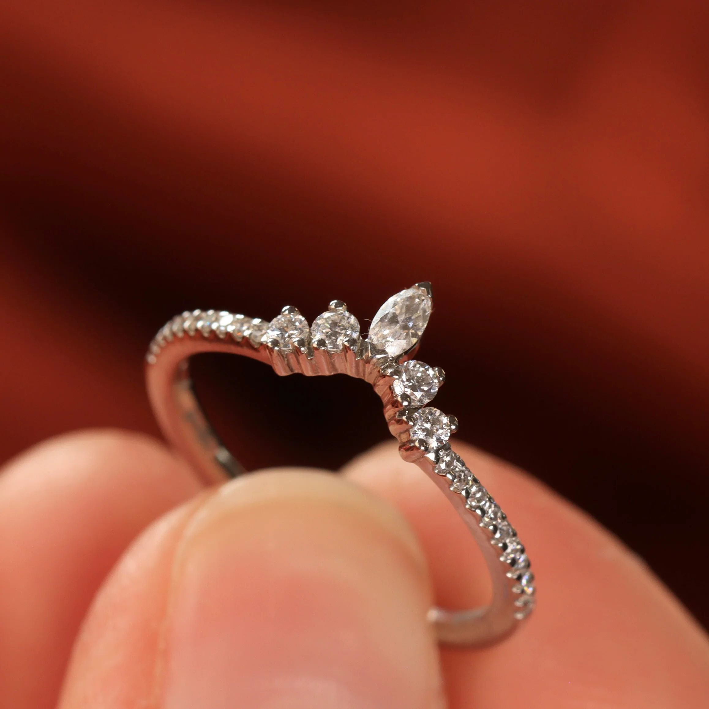 Winnie - Marquise Diamond Petite Tiara Wedding Ring with Diamond Set Shoulders - Made-to-Order - Image 5