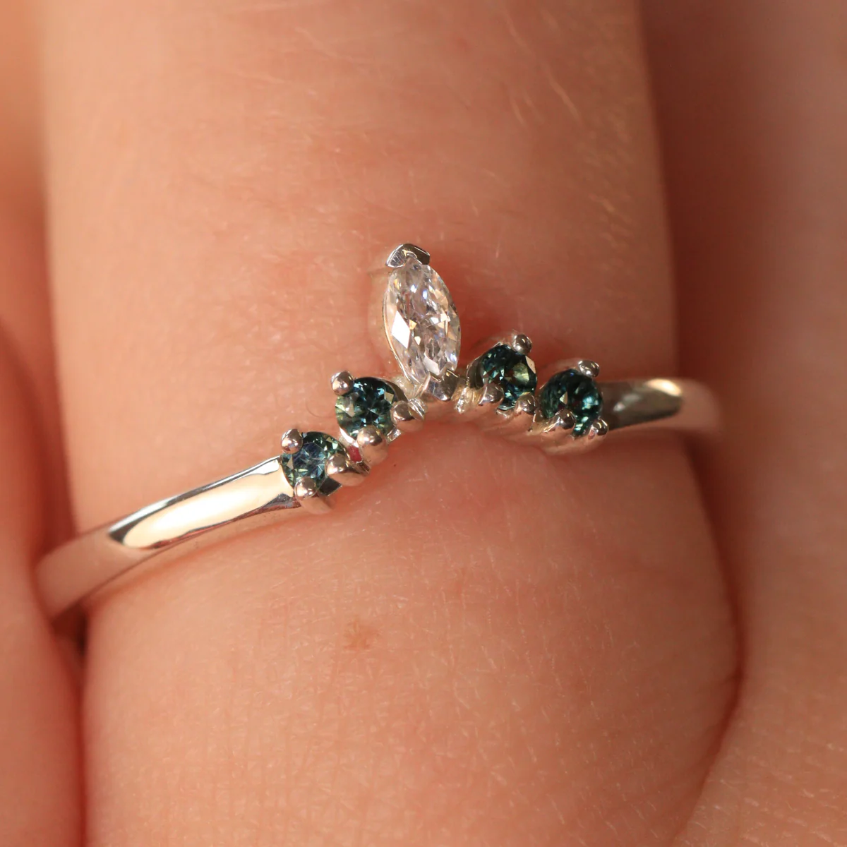 Winnie - Teal Sapphire and Lab Grown Diamond Petite Tiara Wedding Ring - Image 3