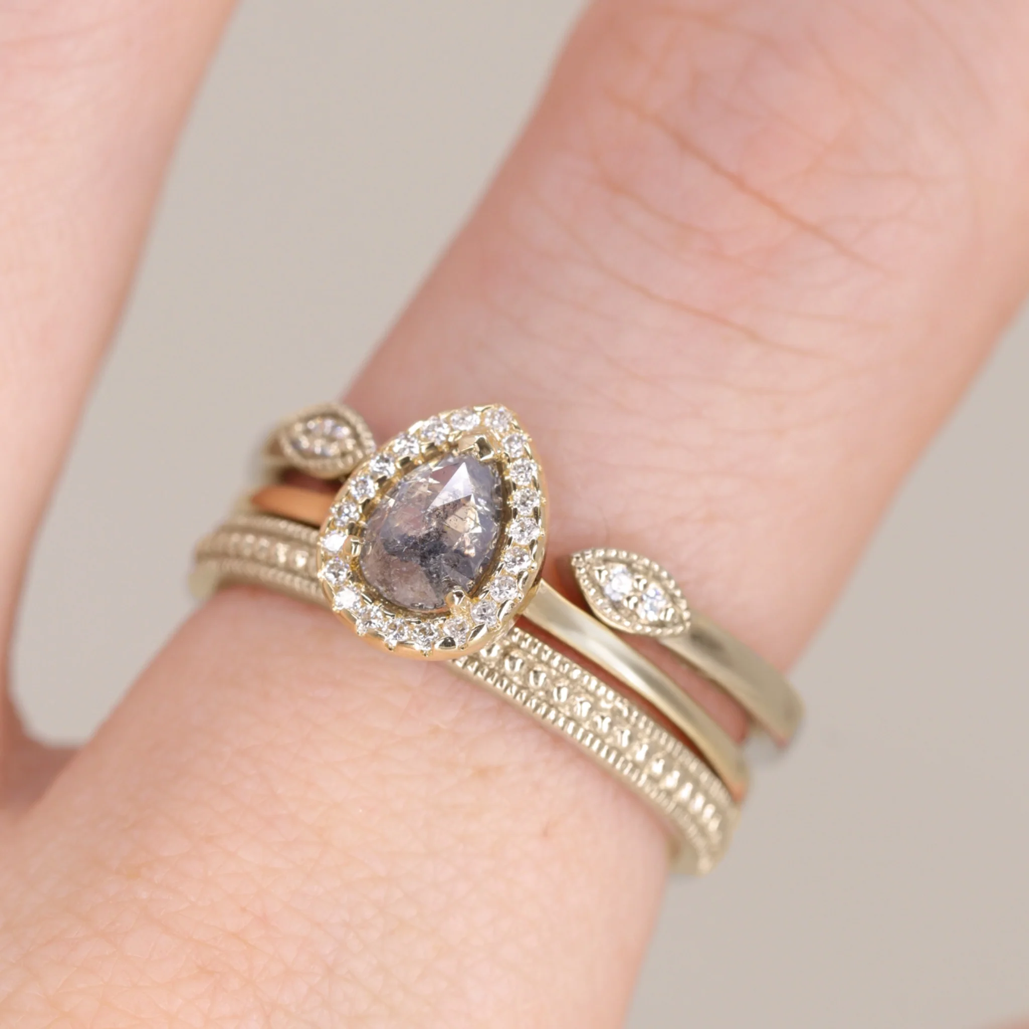 Winter - Pear Salt & Pepper Diamond Halo Engagement Ring - Ready-to-Wear - Image 4